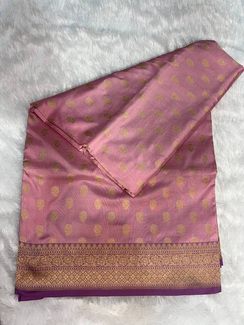 Onion Pink Banarasi Uppada Silk Saree with Gold Zari Buti & Contrast Purple Border
