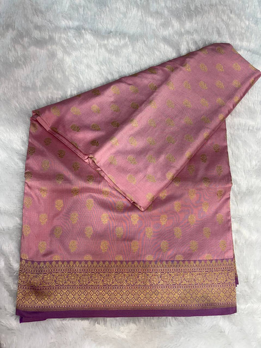 Onion Pink Banarasi Uppada Silk Saree with Gold Zari Buti & Contrast Purple Border