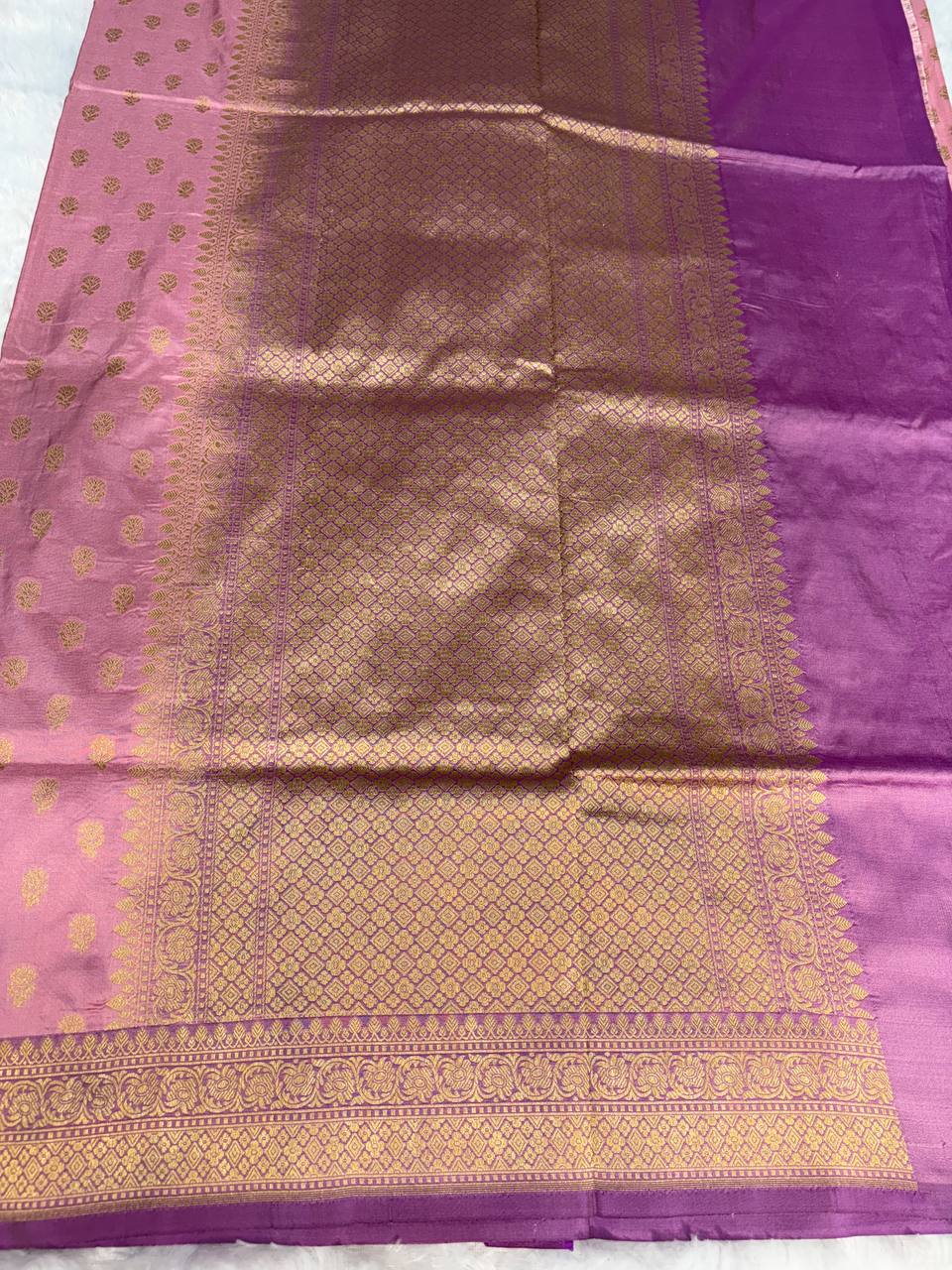 Onion Pink Banarasi Uppada Silk Saree with Gold Zari Buti & Contrast Purple Border