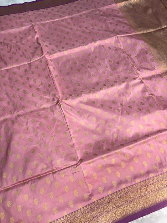 Onion Pink Banarasi Uppada Silk Saree with Gold Zari Buti & Contrast Purple Border