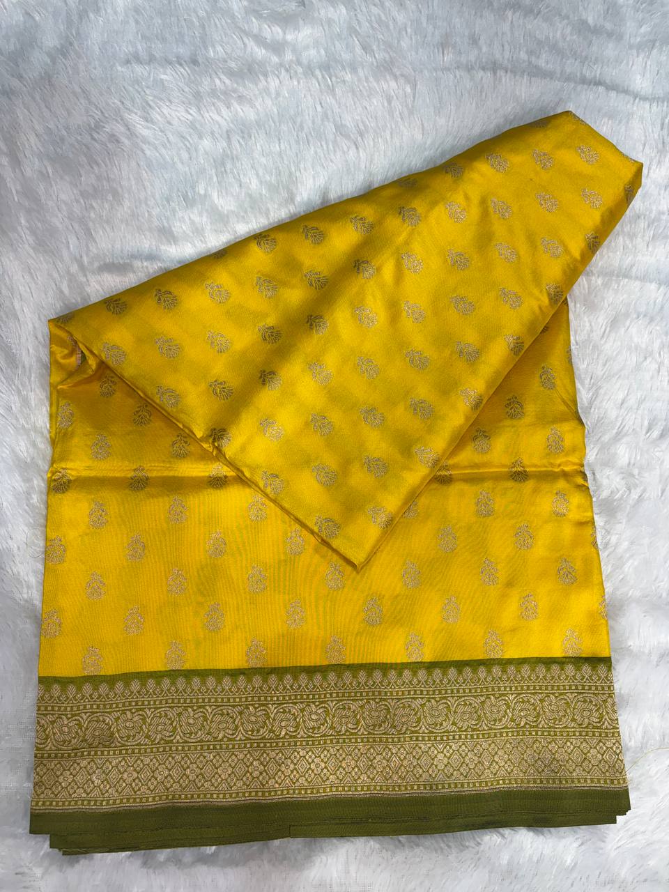 Bright Lemon Yellow Banarasi Uppada Silk Saree with Olive Green Contrast Border