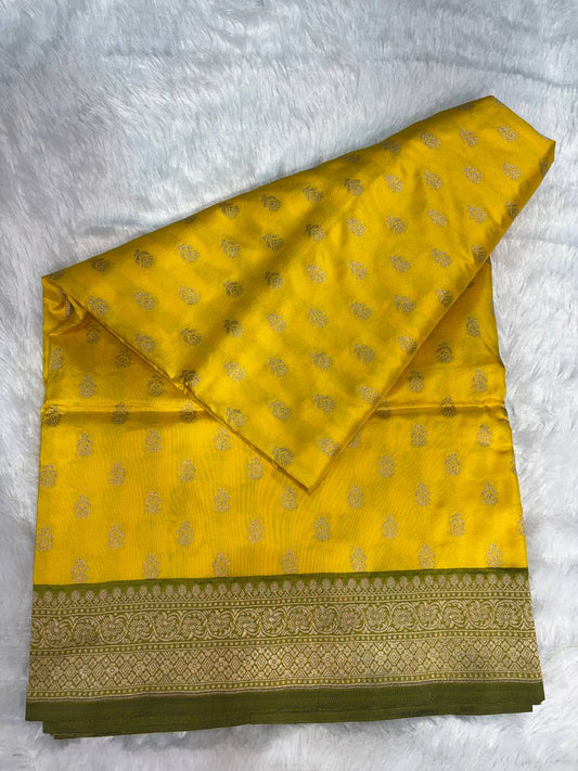 Bright Lemon Yellow Banarasi Uppada Silk Saree with Olive Green Contrast Border