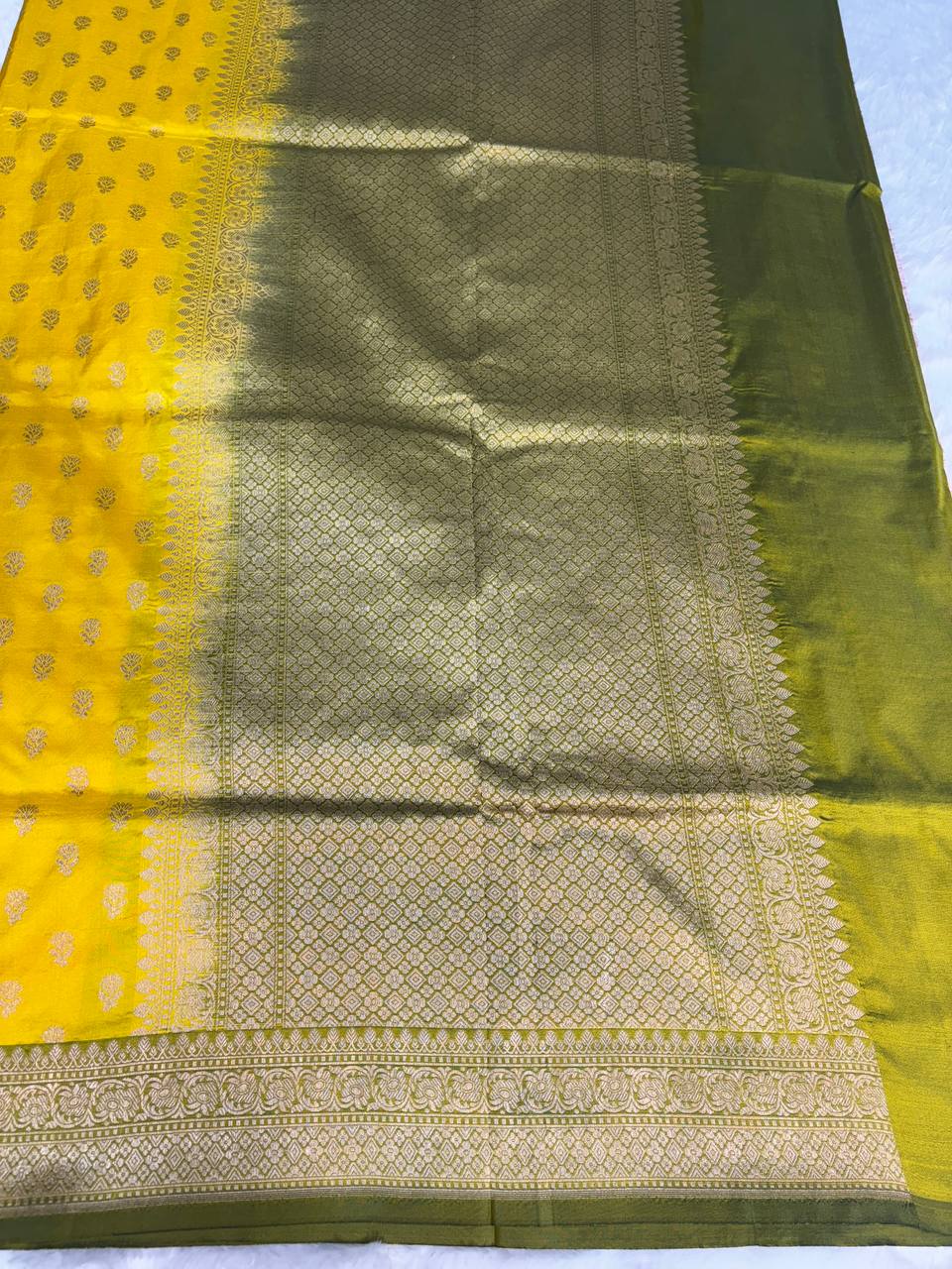 Bright Lemon Yellow Banarasi Uppada Silk Saree with Olive Green Contrast Border