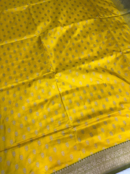 Bright Lemon Yellow Banarasi Uppada Silk Saree with Olive Green Contrast Border