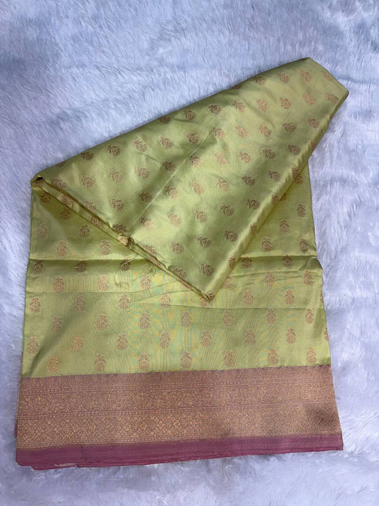 Pistachio Green Banarasi Uppada Silk Saree with Rose Pink Contrast Borde