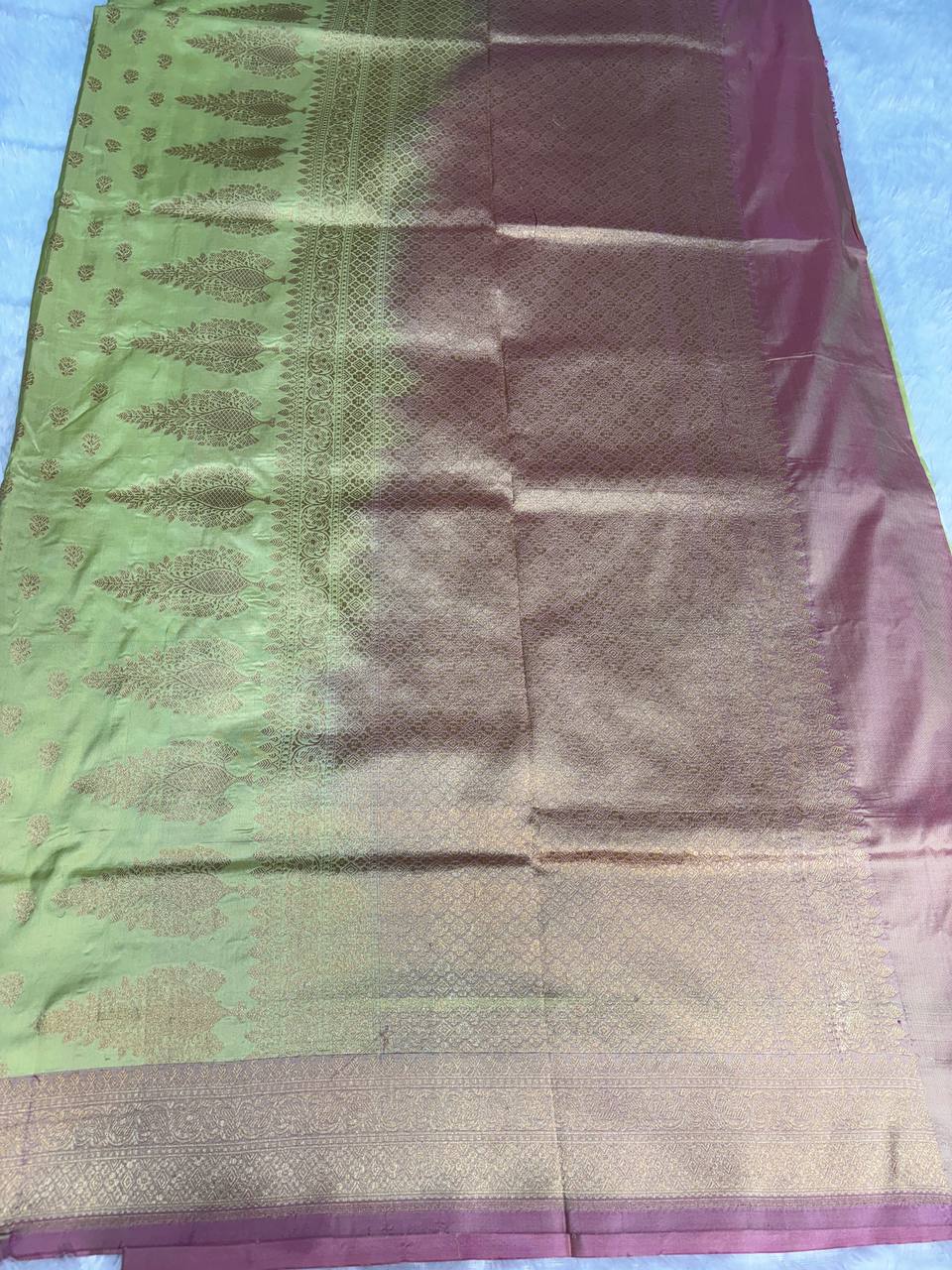 Pistachio Green Banarasi Uppada Silk Saree with Rose Pink Contrast Borde