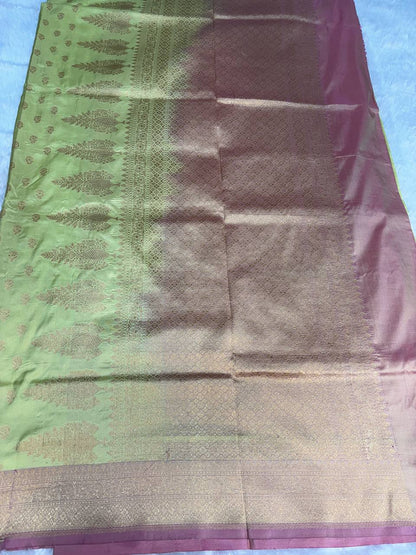 Pistachio Green Banarasi Uppada Silk Saree with Rose Pink Contrast Borde