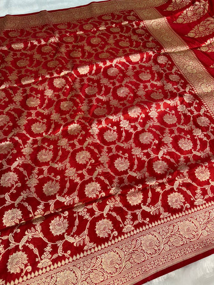 Crimson Red Uppada Saree featuring All-over Rose Meenakari Jaal and Kalka Pallu