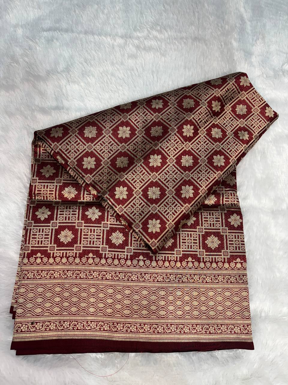 Maroon Banarasi Uppada Silk Saree with All-over Antique Gold Floral Chowk Jaal