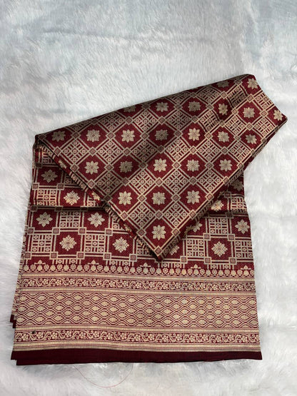 Maroon Banarasi Uppada Silk Saree with All-over Antique Gold Floral Chowk Jaal