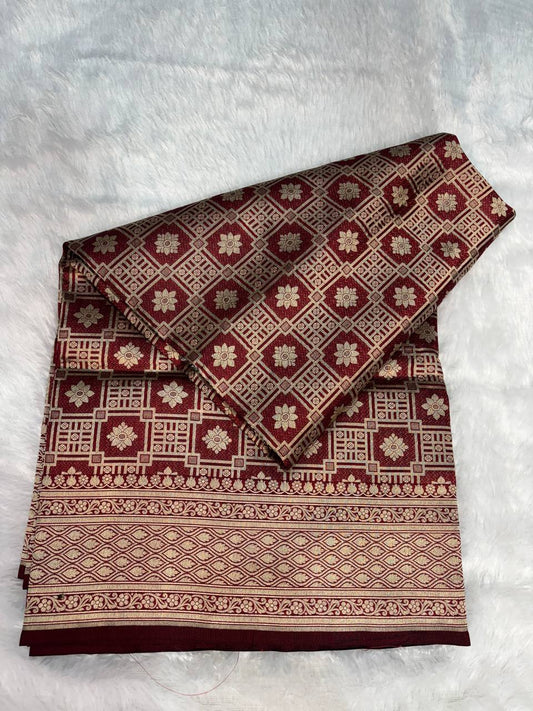 Maroon Banarasi Uppada Silk Saree with All-over Antique Gold Floral Chowk Jaal