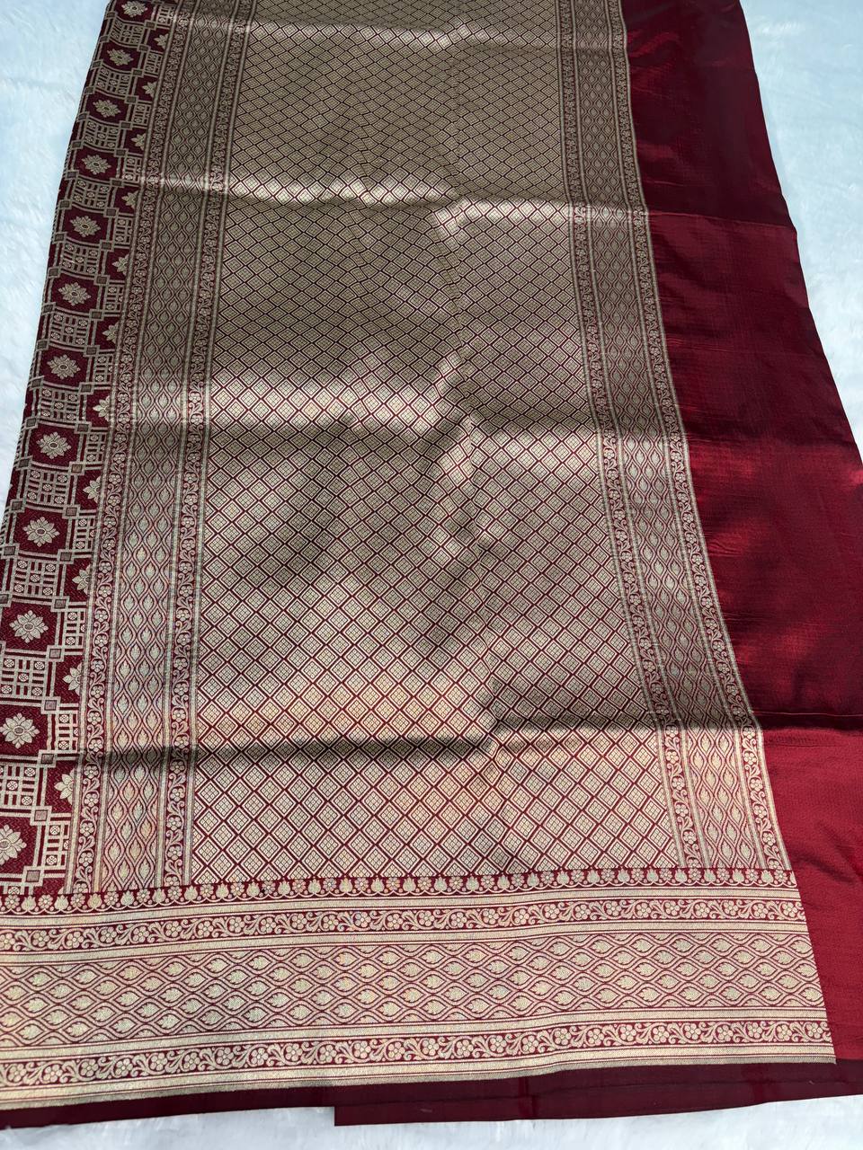 Maroon Banarasi Uppada Silk Saree with All-over Antique Gold Floral Chowk Jaal