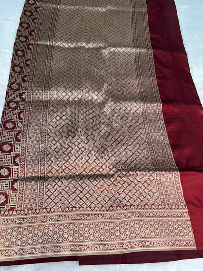 Maroon Banarasi Uppada Silk Saree with All-over Antique Gold Floral Chowk Jaal
