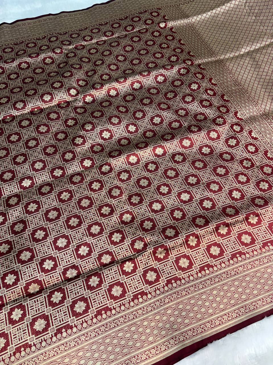 Maroon Banarasi Uppada Silk Saree with All-over Antique Gold Floral Chowk Jaal