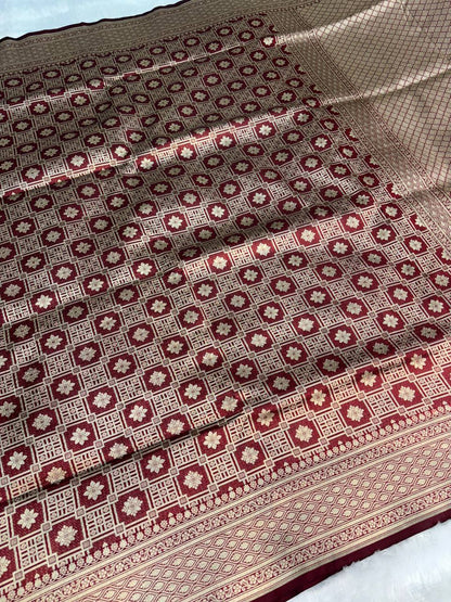 Maroon Banarasi Uppada Silk Saree with All-over Antique Gold Floral Chowk Jaal
