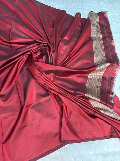 Maroon Banarasi Uppada Silk Saree with All-over Antique Gold Floral Chowk Jaal