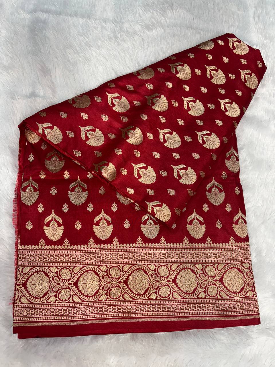 Classic Crimson Red Banarasi Uppada Silk Saree with All-over Fan Buti