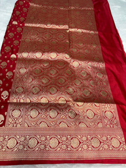 Classic Crimson Red Banarasi Uppada Silk Saree with All-over Fan Buti
