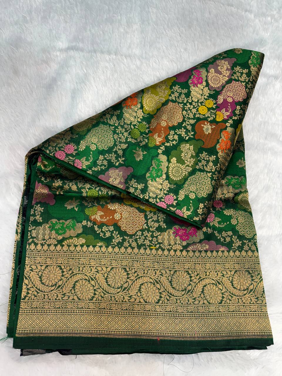 Emerald Green Banarasi Uppada Silk Saree with Multicolored Meenakari Cloud Jaal