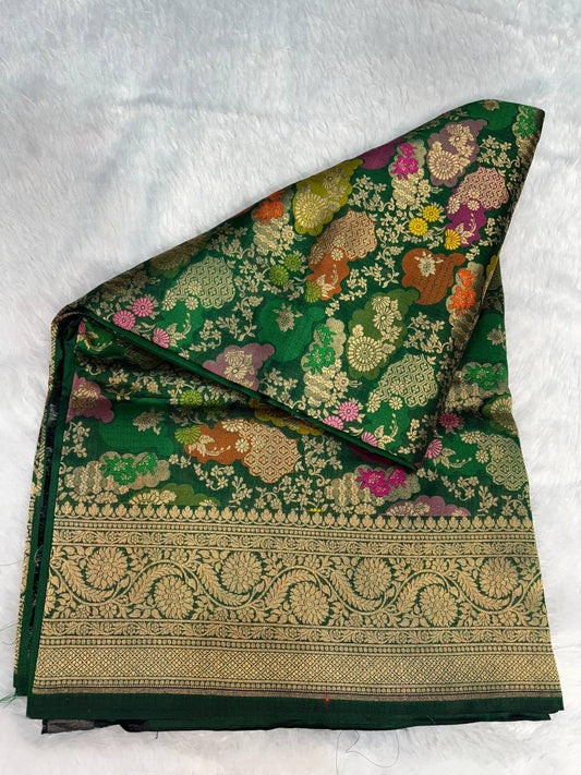 Emerald Green Banarasi Uppada Silk Saree with Multicolored Meenakari Cloud Jaal