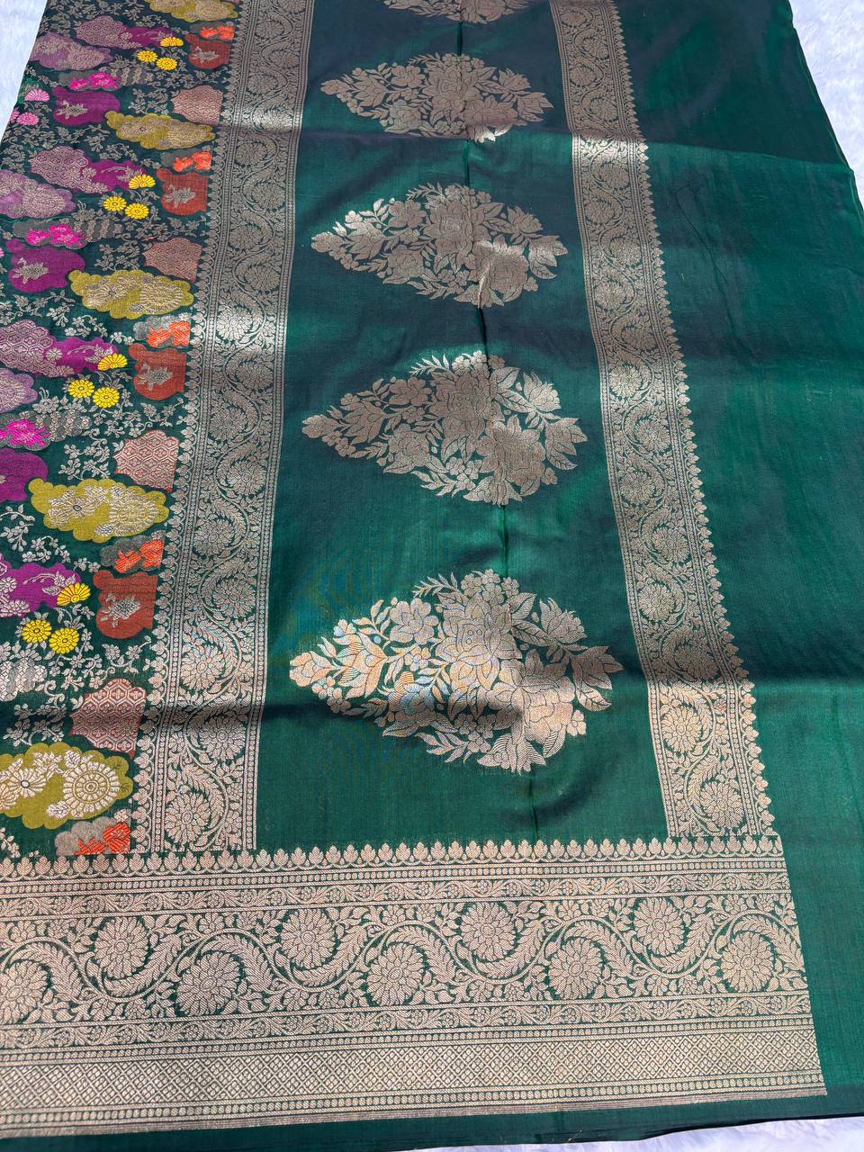 Emerald Green Banarasi Uppada Silk Saree with Multicolored Meenakari Cloud Jaal