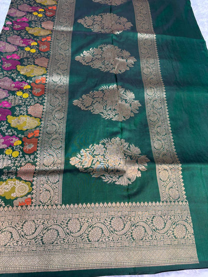 Emerald Green Banarasi Uppada Silk Saree with Multicolored Meenakari Cloud Jaal