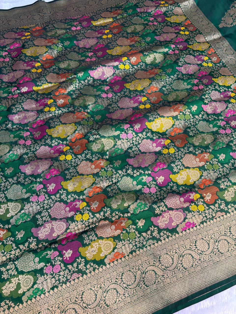 Emerald Green Banarasi Uppada Silk Saree with Multicolored Meenakari Cloud Jaal