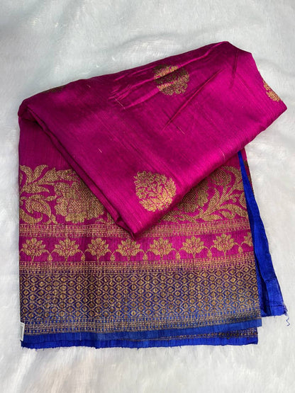 Exquisite Dual-Tone Handloom Tussar Silk Saree with Antique Zari Border and Floral Buttis