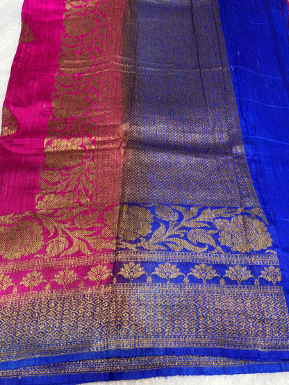 Exquisite Dual-Tone Handloom Tussar Silk Saree with Antique Zari Border and Floral Buttis