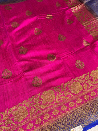 Exquisite Dual-Tone Handloom Tussar Silk Saree with Antique Zari Border and Floral Buttis