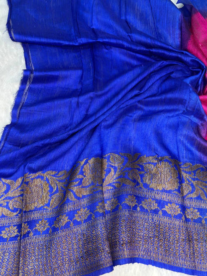 Exquisite Dual-Tone Handloom Tussar Silk Saree with Antique Zari Border and Floral Buttis