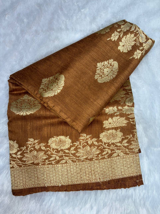 Earthy Copper Tussar Silk Saree with Antique Gold Zari Buttas & Floral Vines