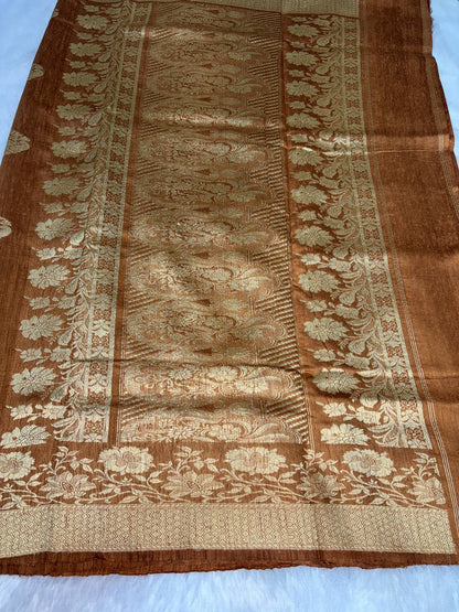 Earthy Copper Tussar Silk Saree with Antique Gold Zari Buttas & Floral Vines