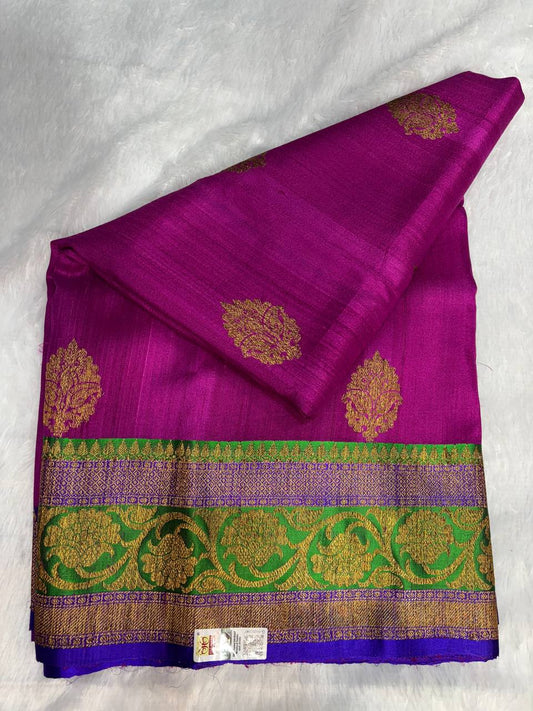 Magenta Tussar Silk Saree with Parrot Green Meenakari Border & Electric Blue Contrast