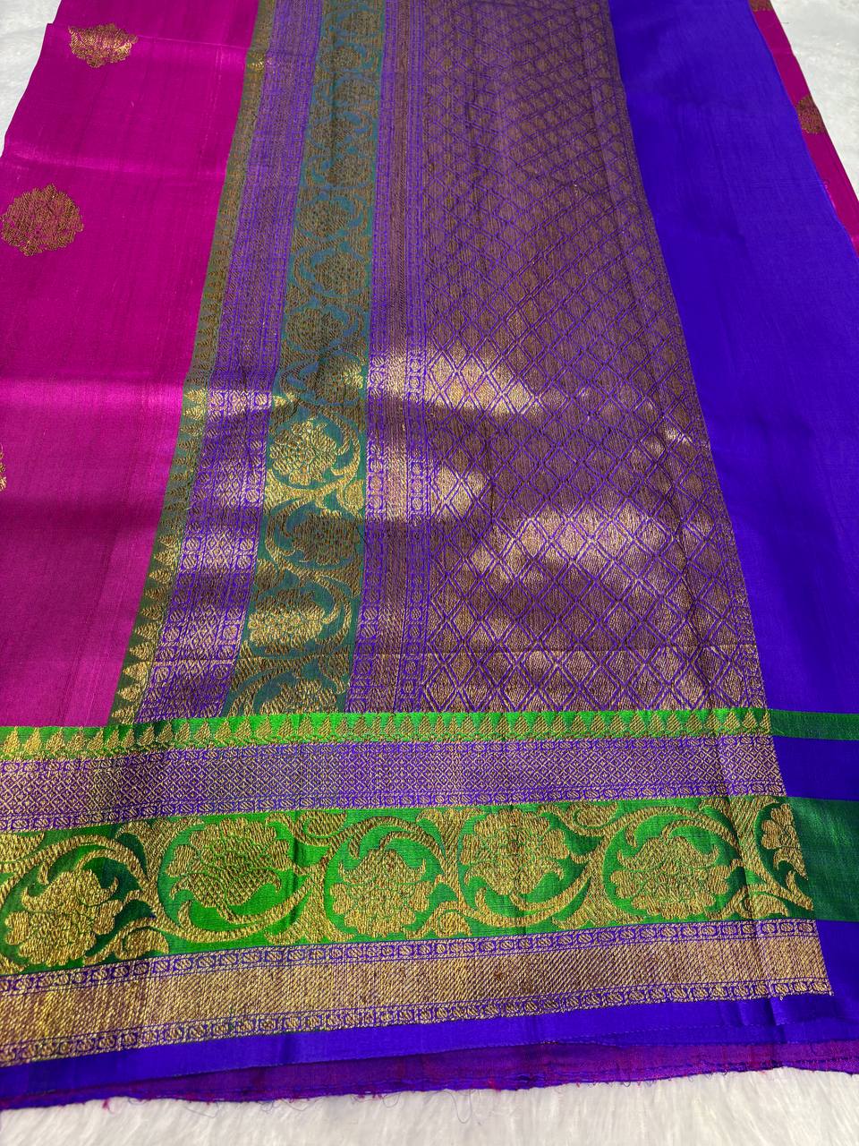 Magenta Tussar Silk Saree with Parrot Green Meenakari Border & Electric Blue Contrast