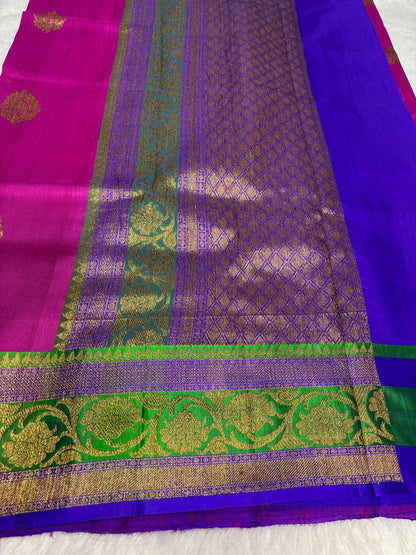 Magenta Tussar Silk Saree with Parrot Green Meenakari Border & Electric Blue Contrast