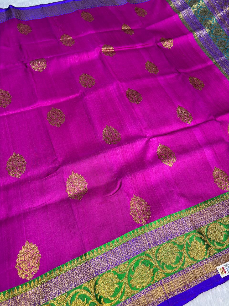 Magenta Tussar Silk Saree with Parrot Green Meenakari Border & Electric Blue Contrast