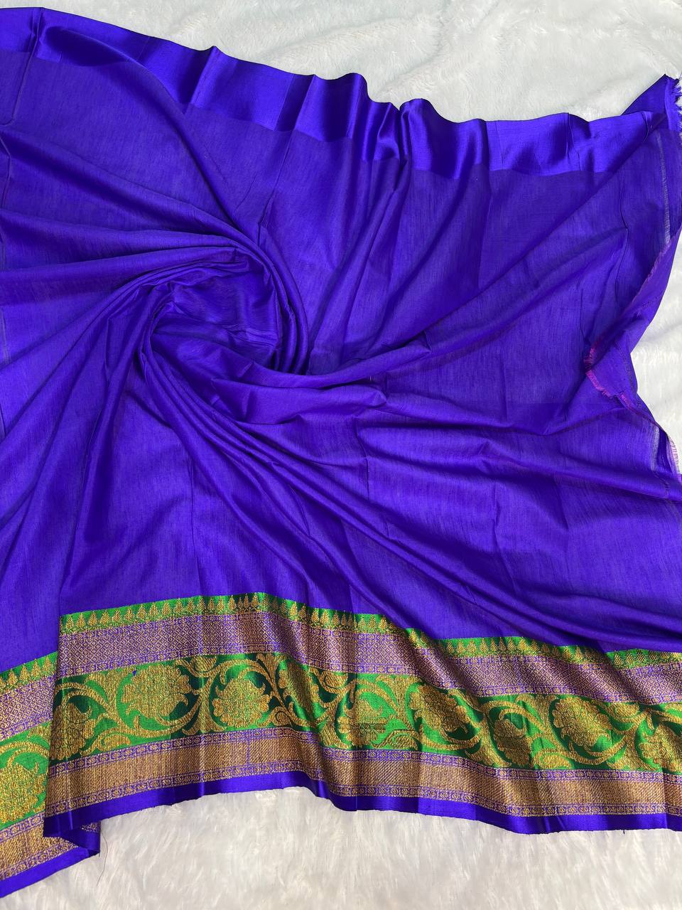 Magenta Tussar Silk Saree with Parrot Green Meenakari Border & Electric Blue Contrast