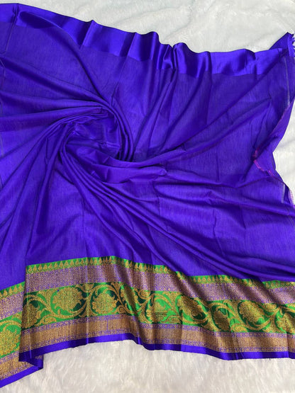 Magenta Tussar Silk Saree with Parrot Green Meenakari Border & Electric Blue Contrast