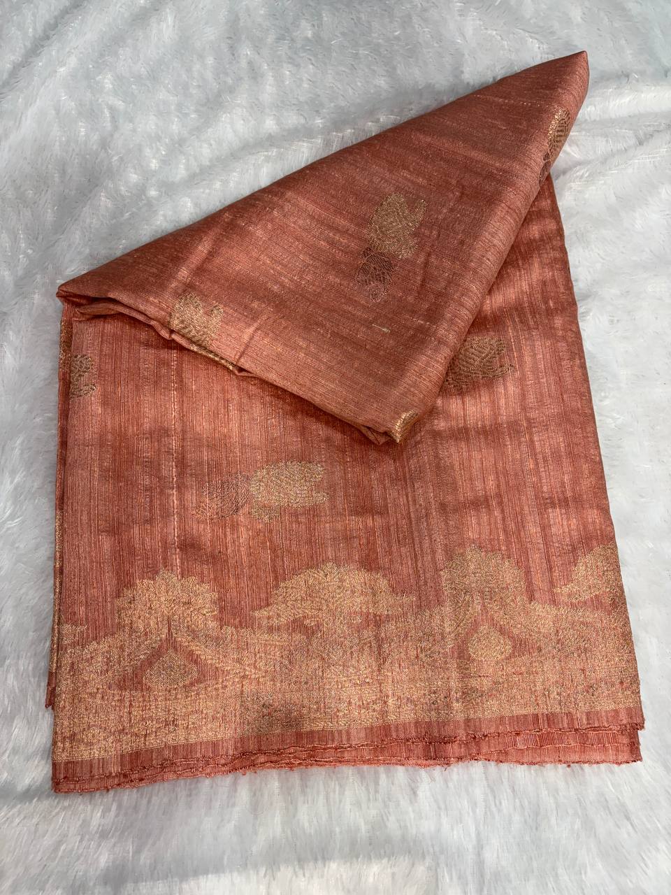 Elegant Peach-Nude Handloom Tussar Silk Saree with Rose Gold Zari Weave & Floral Buttis