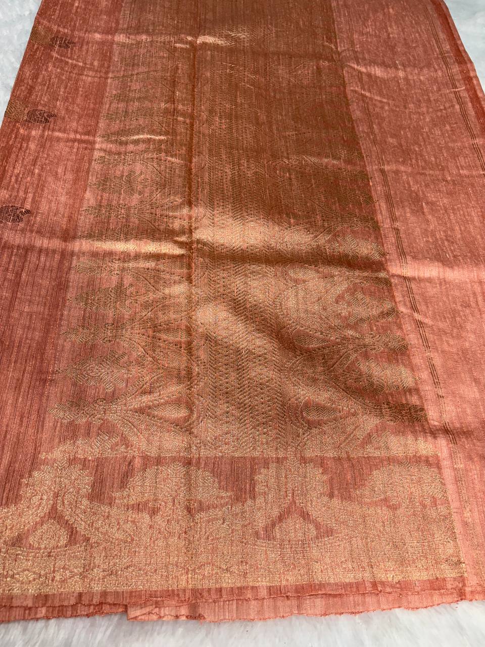 Elegant Peach-Nude Handloom Tussar Silk Saree with Rose Gold Zari Weave & Floral Buttis