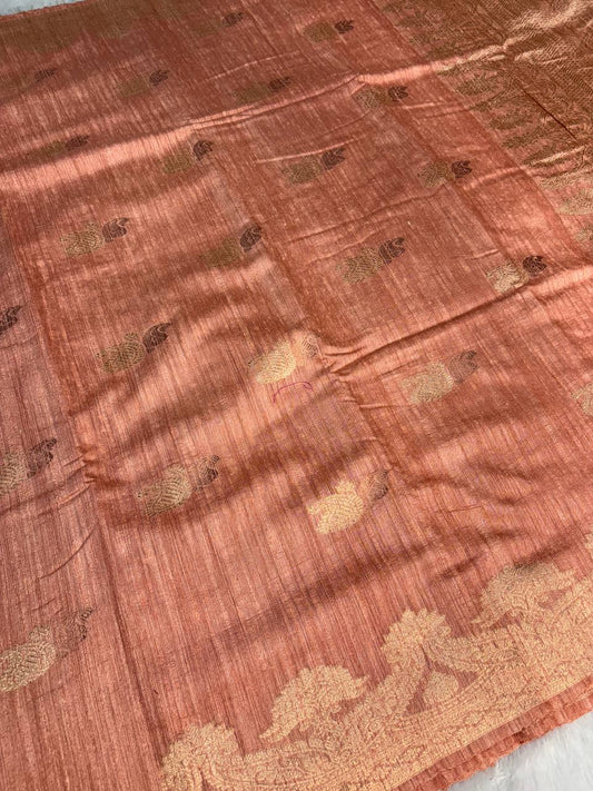 Elegant Peach-Nude Handloom Tussar Silk Saree with Rose Gold Zari Weave & Floral Buttis