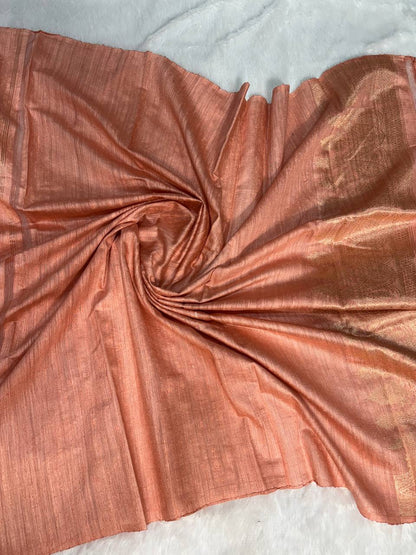 Elegant Peach-Nude Handloom Tussar Silk Saree with Rose Gold Zari Weave & Floral Buttis