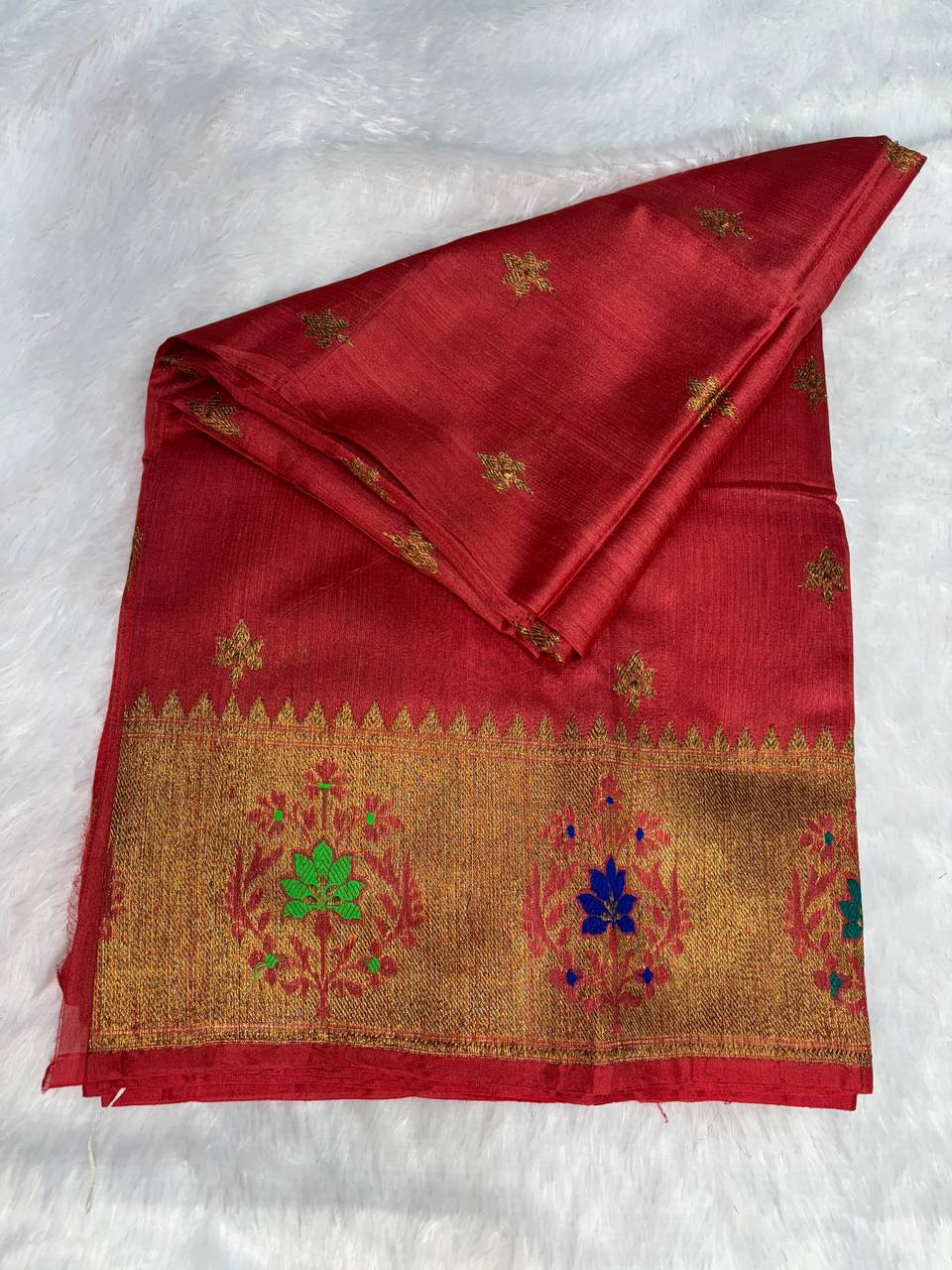 Gajari Red Tussar Silk Saree with Colorful Meenakari Floral Border & Antique Zari Buttis