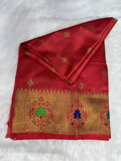 Gajari Red Tussar Silk Saree with Colorful Meenakari Floral Border & Antique Zari Buttis