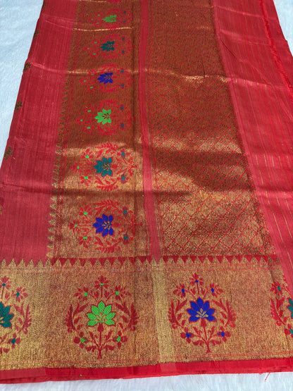 Gajari Red Tussar Silk Saree with Colorful Meenakari Floral Border & Antique Zari Buttis