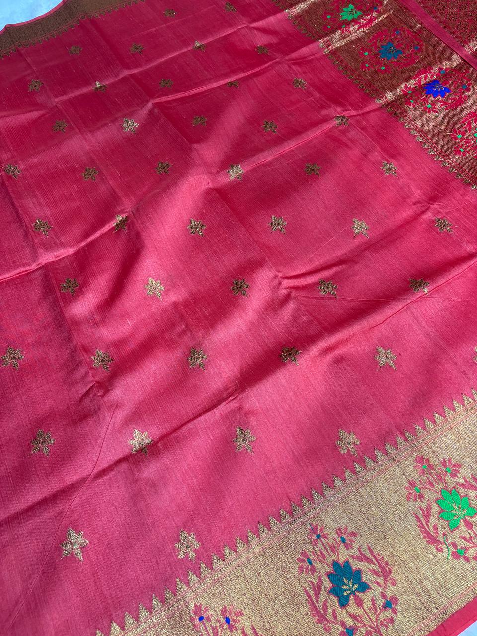 Gajari Red Tussar Silk Saree with Colorful Meenakari Floral Border & Antique Zari Buttis