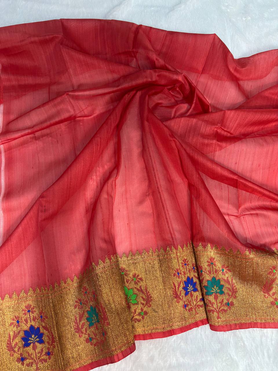 Gajari Red Tussar Silk Saree with Colorful Meenakari Floral Border & Antique Zari Buttis