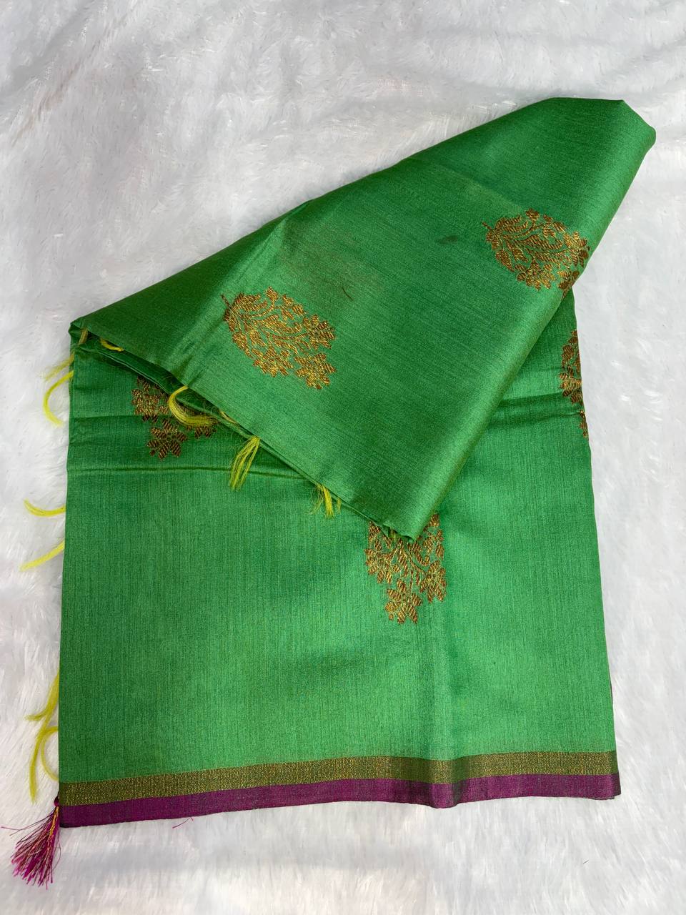 Leaf Green Tussar Silk Saree with Geometric Zari Jal & Magenta Selvedge