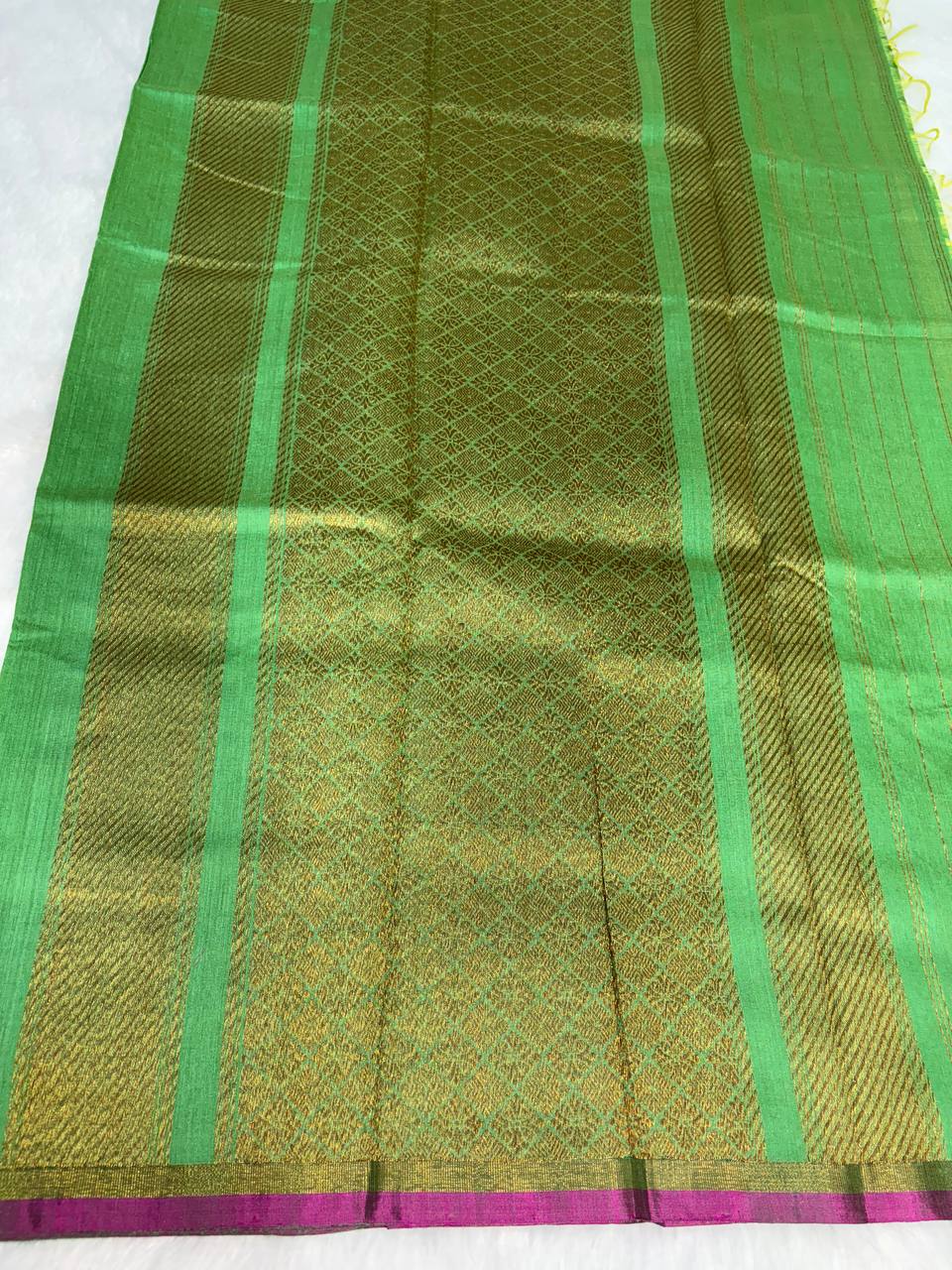 Leaf Green Tussar Silk Saree with Geometric Zari Jal & Magenta Selvedge